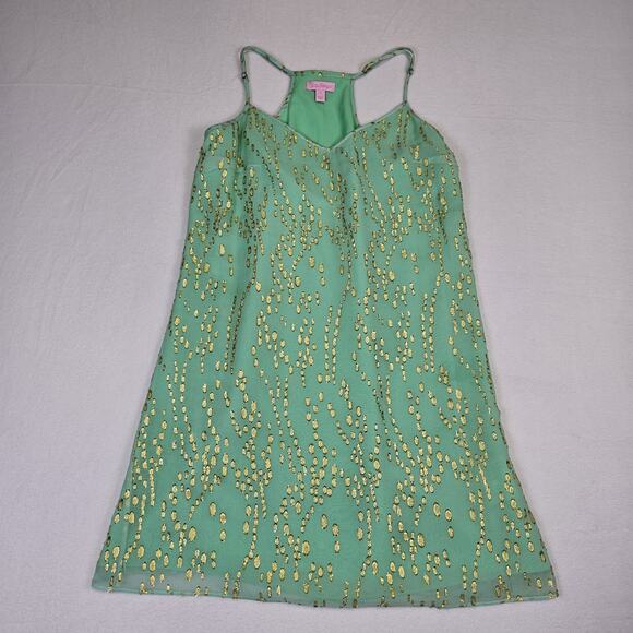 Lilly Pulitzer Dusk Silk Slip Dress Women Mint Gold Metallic Tropical Vacation S - Picture 16 of 16